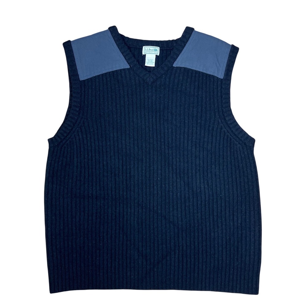 LLBean Mens V Neck Ribbed Sweater Vest black Patch Shoulders‎ Size XXL REG